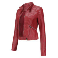 Chaquetas de piel sintética para mujer, abrigo ajustado con cremallera para motocicleta, abrigo corto de PU para motorista - details 4