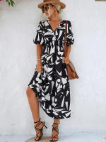 Vestido acampanado bohemio estampado para mujer, ropa informal de manga corta con burbujas, Vintage, elegante, verano, 2024 - details 10