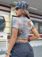 Nueva camiseta de manga corta elegante con estampado de malla, camisetas de manga corta con ribete de oreja de madera para mujeres - details 25