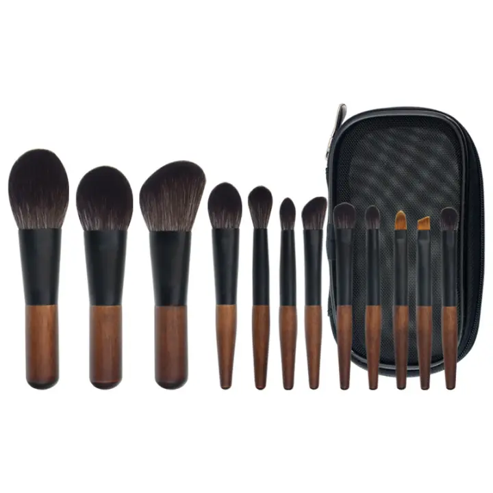Juego de brochas de maquillaje para mujer, 12 piezas, mango de madera, bolsa de cuero para pelo de Animal, herramientas de belleza - 1