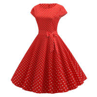 Women summer vintage 1950s 60s big swing party polka dot dress - details 52
