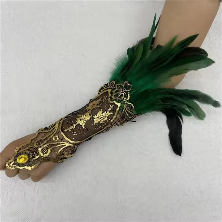 Guantes de plumas de bruja para Halloween, guantes góticos Retro de encaje de plumas para mujer, bordado, puños de plumas para Halloween y Festival - 1
