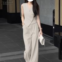 ZANZEA Conjunto De Verano Para Mujer 2 Piezas Top Irregular Y Pantalones De Pierna Ancha Moda Coreana Elegante Ropa De Oficina - details 3