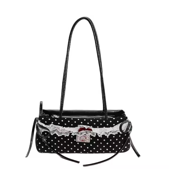 Bolso de mano francés dulce que combina con todo, bolso de mano con lazo de gran capacidad, bolsos para axilas de lunares, bolso de hombro de PU de encaje de estilo coreano, escuela - 1