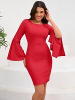 Elegante y bonito vestido Midi de manga larga para mujer, de Color sólido vestido ajustado, falda de cuello redondo que cubre la cadera - details 8