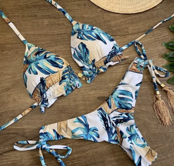 Conjunto de Bikini Push Up Estampado Brasileño Traje de Baño de Playa con Cintura Baja sin Aros - 1