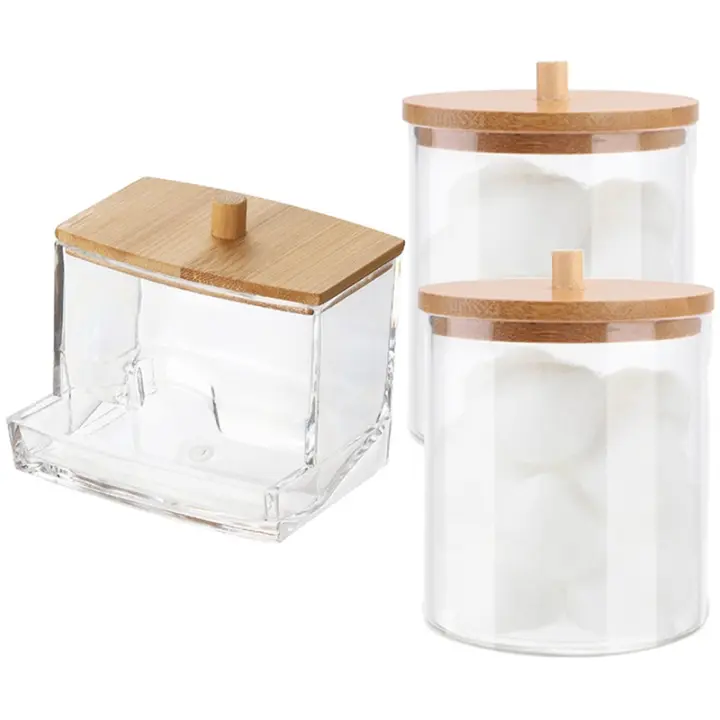 Caja de almacenamiento de bastoncillos de algodón con tapa de bambú, contenedor de baño, dispensador de bolas de algodón, caja de almacenamiento de tarros - 1