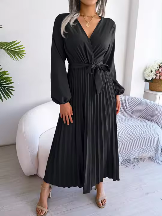 Elegante vestido plisado de manga larga con cuello en V para mujer - 1