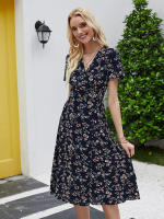 Summer floral print women boho short sleeve v neck split elegant a line party beach dress - details 30
