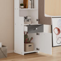 Librería alta, estantería juvenil con puerta en forma de L, con cajón, armarios, puertas batientes, con pomos cuadrados de metal, MDF, blanco + olmo claro + gris - details 2