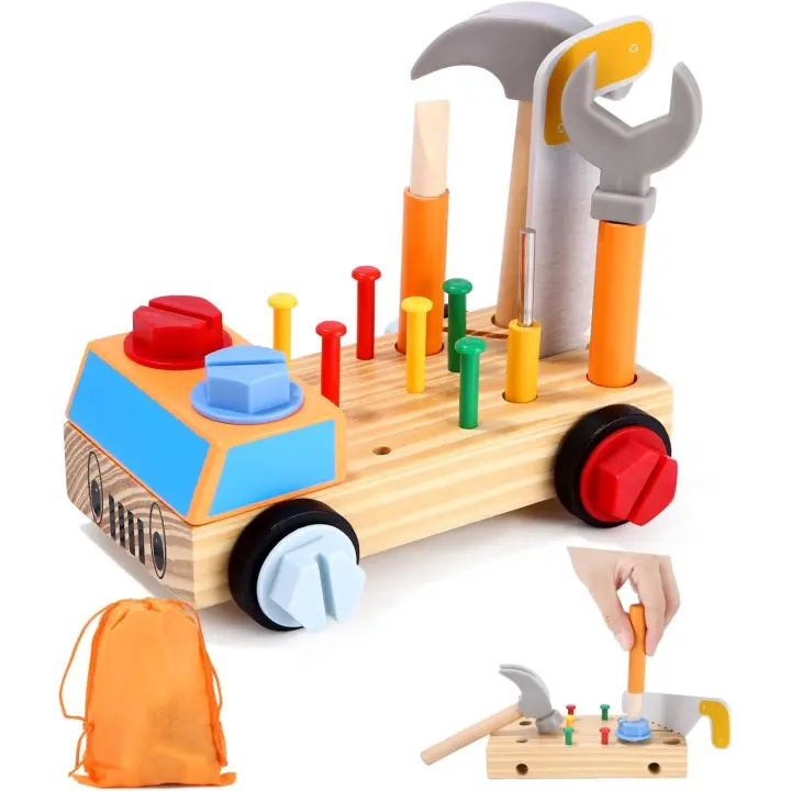Juego de Herramientas de Madera Montessori, Juguetes Educativos, Coche de Madera con Bolsa - 1
