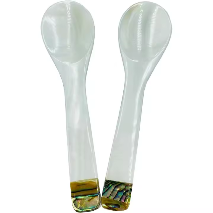 Paquete de 2 cucharas de caviar de 3,94 pulgadas, cuchara de caviar de nácar artesanal con mango redondo - 1