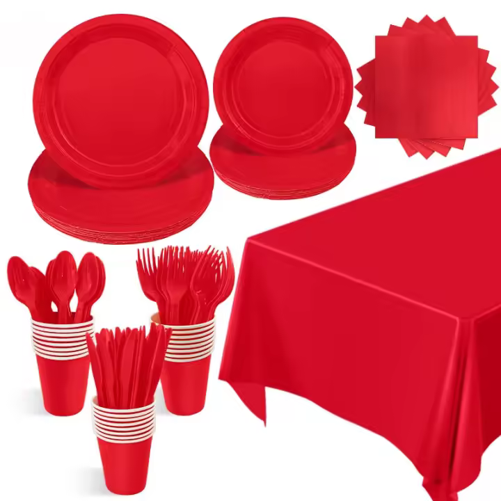 Vajilla desechable con temática de cumpleaños para niñas, servilletas de papel, vasos, platos, manteles, Pajita, color rojo sólido - 1