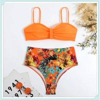 Conjunto de bikini bandeau liso, estampado tropical sexy, traje de baño mejorado para mujer, traje de baño de cintura alta con encaje en la espalda, ropa de playa - details 23