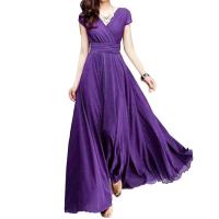 Gran oferta, vestido de noche largo bohemio de Color sólido con manga corta y cuello en V, cintura ajustada - details 19