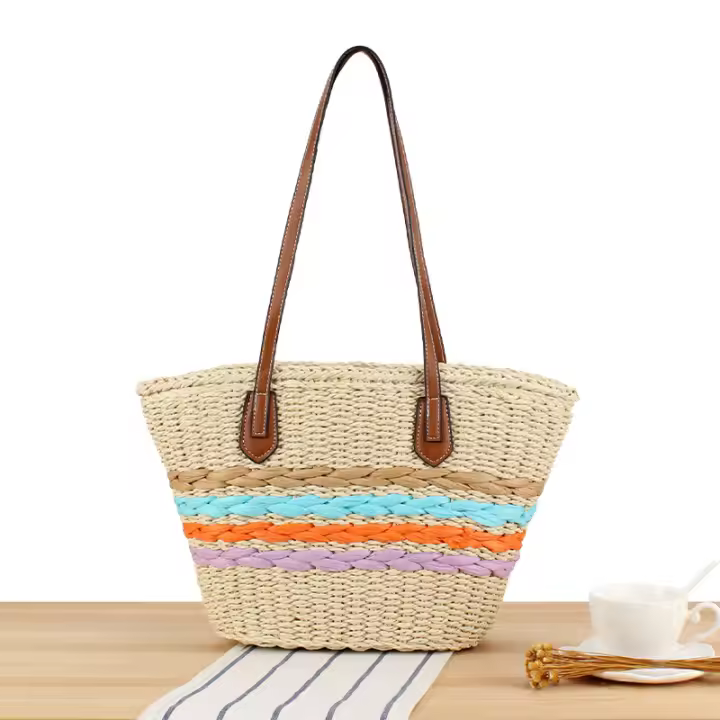 Bolsos de paja para mujer, bandoleras a rayas de arcoíris, gran capacidad, para vacaciones en la playa, Vintage, verano, 2025 - 1