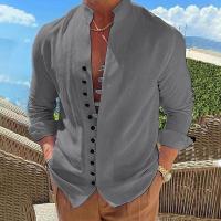 Nueva camisa casual de primavera y otoño, camisa holgada de manga larga de Color sólido para hombre, camisas con botones, camisas Vintage de talla grande - details 4