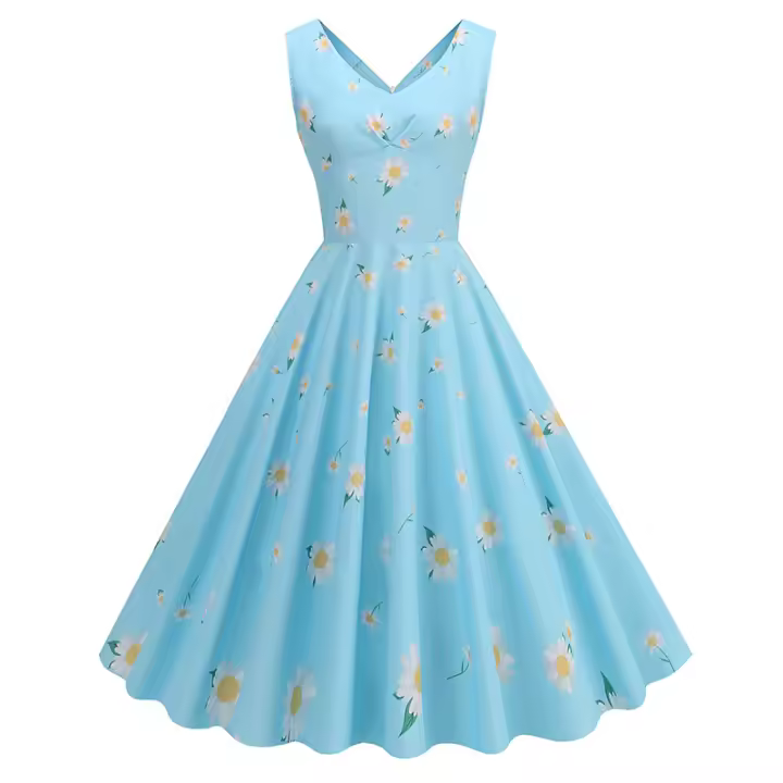2025 Primavera/Verano nuevo vestido de fiesta para niñas con estampado azul claro fresco - 1