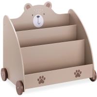 Librería Infantil de Madera Biblioteca Montessori para Niños con 3 Compartimentos para Libros y Juguetes Estantería con Ruedas Diseño de Oso - details 0