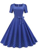 Vestido midi elegante informal para mujer con lunares, cuello Peter Pan, cintura alta y corte en A - details 23