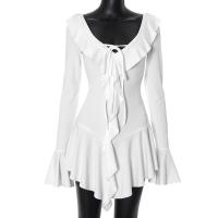 Vestido Blanco Con Volantes Y Cuello En V Profundo Para Mujer, Manga Larga Acampanada, Vestidos Cortos Para Fiesta En La Playa - details 0