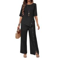 2025 Traje De Pantalones Con Dobladillo Irregular Para Mujer Elegante Moda Casual Botón Camisa De Media Manga Suelta Conjunto De Dos Piezas - details 4