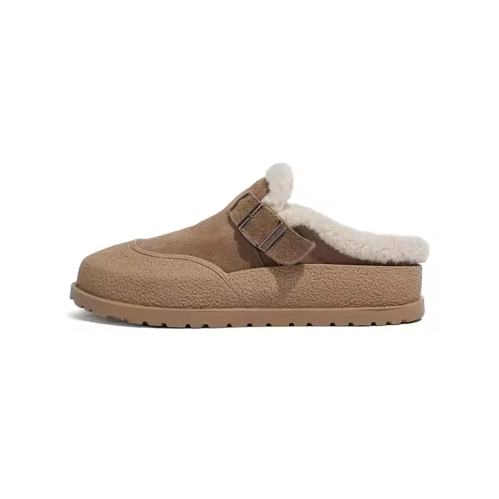 Zuecos de felpa cálidos para la nieve para mujer, zapatillas antideslizantes para exteriores, zapatos informales de ante y piel para mujer, mulas blancas - 1