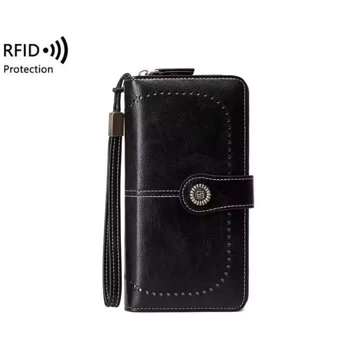 Cartera de mujer de piel con cierre grande y múltiples bolsillos y color crema - 1
