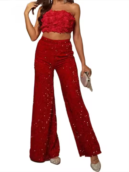 Pantalones de pierna ancha rojos cómodos de otoño con lentejuelas de cintura alta para mujer talla única - 1