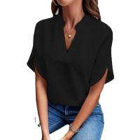 Blusa de manga dividida con cuello con muescas sólidas para mujer, top casual de media manga con hombros caídos para verano, ropa de mujer para uso diario, ropa de moda para mujer, ropa de mujer - details 6