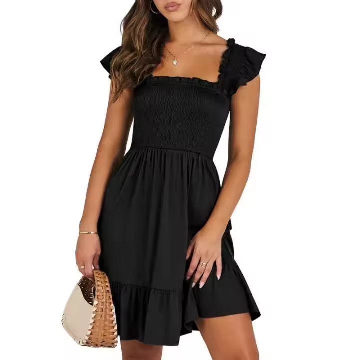 Vestido Mini de Verano Casual Boho para Mujer 2025 Cuello Cuadrado sin Mangas con Volantes de Cintura Swing A-e - 1