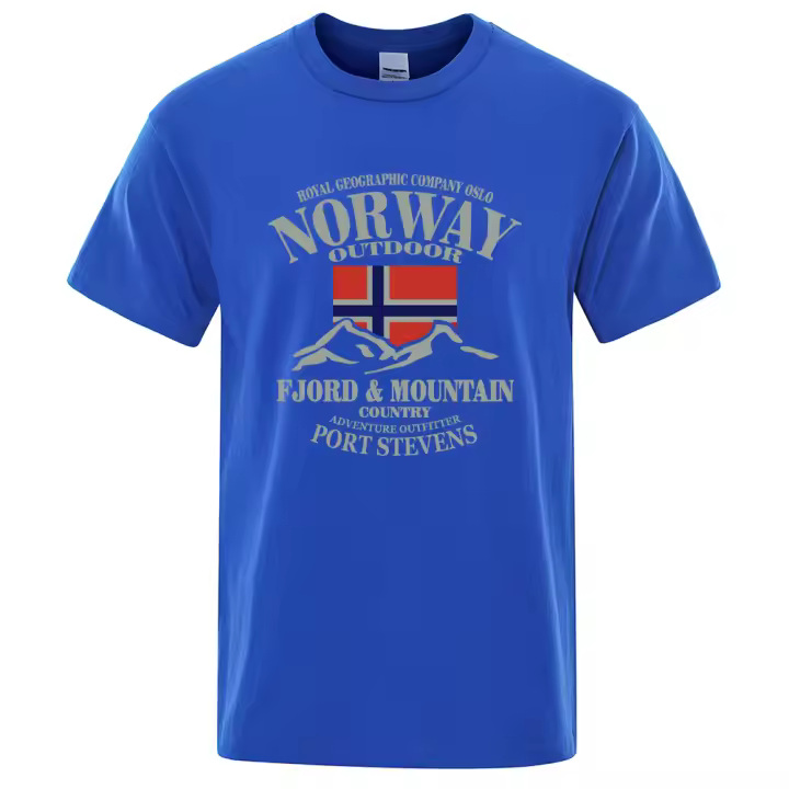 Camiseta de Verano Norway Estampado de Montaña de Fiordo Cuello Redondo de Algodón Talla Grande - 1