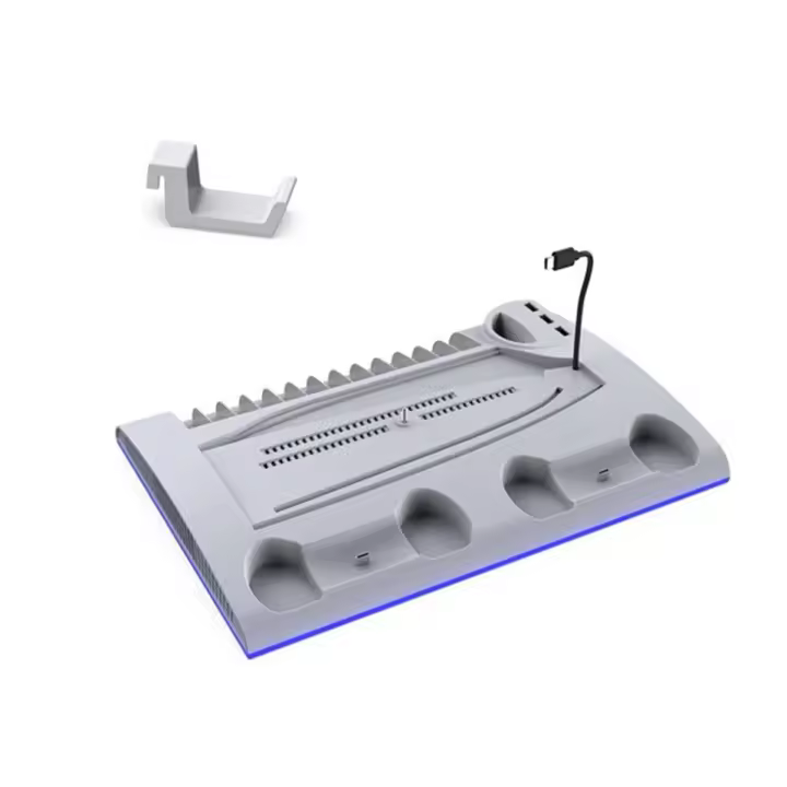 Soporte de carga con ventilador de refrigeración para consola PS5 y PS5 Slim, estación de carga de controlador Dual con 9 luces RGB (blancas) - 1