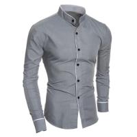 Camisa de color sólido de manga larga para hombre de primavera y otoño, camisa ajustada de moda con botones cómoda y cuello alto - details 3