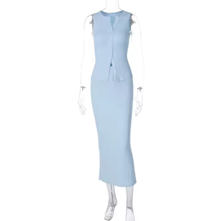 Ropa de mujer de estilo europeo y americano, nueva moda, temperamento, color sólido, tira de pit, sin mangas, hebilla, cárdigan, chaleco pequeño, falda, conjunto de dos piezas - 1