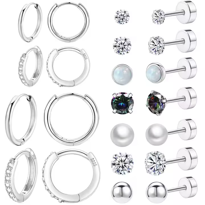Juego de pendientes de parte posterior plana de acero quirúrgico para múltiples orejas sensibles, pendientes de aro Huggie de cartílago pequeño hipoalergénico de plata esterlina, pendientes pequeños de ópalo de perla CZ de titanio para mujer - 1