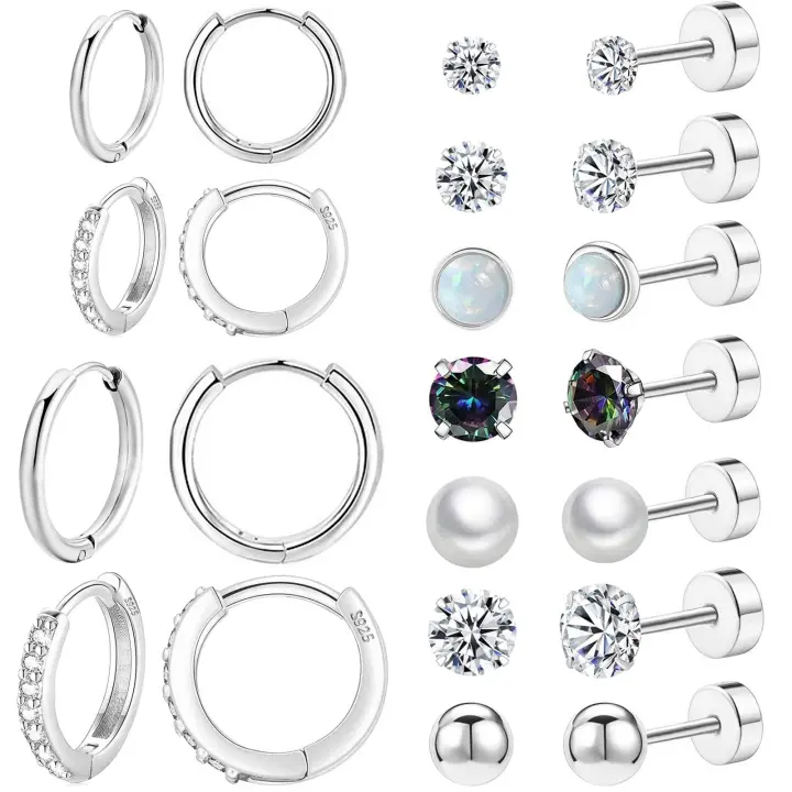 Juego de pendientes de parte posterior plana de acero quirúrgico para múltiples orejas sensibles, pendientes de aro Huggie de cartílago pequeño hipoalergénico de plata esterlina, pendientes pequeños de ópalo de perla CZ de titanio para mujer - 1