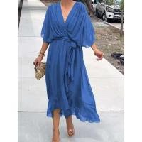 Vestido de verano para mujer, cuello en V, manga corta, plisado, Irregular, rojo, elegante, falda Midi negra para fiesta para mujer - details 10