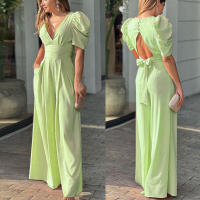 Mono Elegante De Cintura Alta Para Mujer, Cuello En V, Ajustado, Estilo De Oficina, Sólido, Verano - details 5