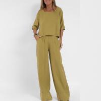 Conjunto de Playa Casual de Moda Top de Manga Corta, Pantalones de Bolsillo de Algodón y Lino para Mujeres Color Sólido, Conjunto de T dos Piezas - details 3