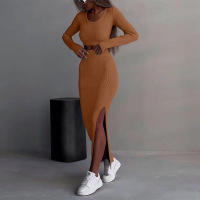 Conjunto de Vestido de Punto de Color Sólido Otoño/Invierno 2025 con Vestido Largo de Manga con Abertura y Conjunto de Dos Piezas de Camiseta. - details 8