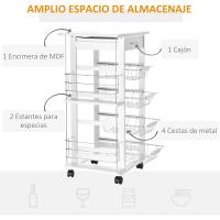 Carrito Cocina Ruedas Multiusos Cajón 4 Cestas Extraíbles Metal y Bastidores Laterales 47x37x83 cm Mara Natural - details 11