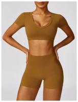 Conjunto de mallas de yoga, top, conjunto deportivo Fiess de manga corta, material de nailon para mujer, patrón sólido adaptable para primavera/verano - details 23