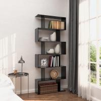 Estantería geométrica, estantería en forma de S, estantería de 6 niveles para dormitorio, estantería decorativa de madera moderna, estantería alta para oficina en casa, color negro - details 16