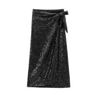 BUNO-Falda midi envolvente con lentejuelas para mujer, cintura alta con lazo atado, faldas femeninas, fiesta, moda - details 4