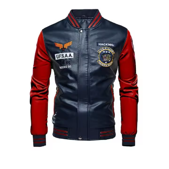 Chaqueta de béisbol de moda, Ropa de cuero para motocicleta, azul oscuro con mangas Rojas - 1