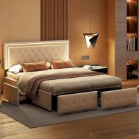 4 cajones, cama tapizada con almacenamiento cama doble acolchada con somier 160 x 200 cm con cabecera cama con láminas cama para 2 personas (PU blanco, 160 x 200) - details 5