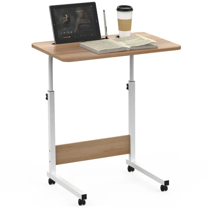 Rcynview Elegante Mesa de Escritorio  Ajustable, Compacta con Ruedas, Madera y Metal Mesa Lateral - 1