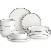 Juegos de platos y tazones, vajilla de porcelana moderna de 12 piezas para 4 juegos de vajilla de cocina blanca con borde negro - details 0