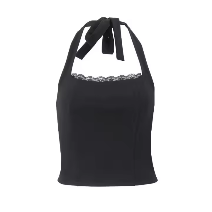 BUNO-Camiseta informal sin mangas con borde de encaje liso y cuello Halter, camiseta informal sin mangas Y2K, moda de verano, ropa de calle diaria dulce y bonita, chaleco nuevo - 1